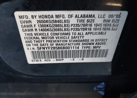 2006 Honda Pilot Ex-L z USA, uszkodzony, nr VIN 5FNYF28586B001114